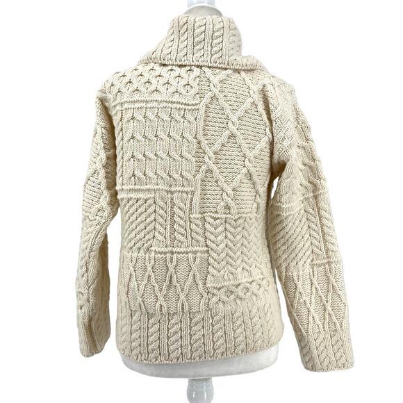 Clan Aran Women's S Cream Merino Wool Patchwork Knit Cardigan Collar Button - Picture 5 of 11